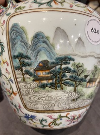 A Chinese famille rose 'hu' vase with fine landscapes, Qianlong mark, 19/20th C.