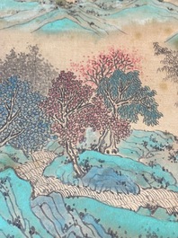 Xu Yang 徐揚 (1712-1777) et Wu Hufan 吳湖帆 (1894-1968): 'Paysage montagneux', dat&eacute; 1755, avec calligraphie post&eacute;rieure, encre et couleurs sur soie