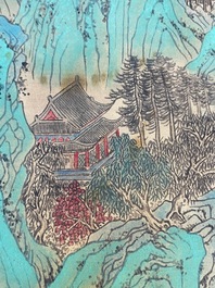 Xu Yang 徐揚 (1712-1777) et Wu Hufan 吳湖帆 (1894-1968): 'Paysage montagneux', dat&eacute; 1755, avec calligraphie post&eacute;rieure, encre et couleurs sur soie