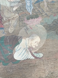 Chinese school: 'Buddha surrounded by Luohans', ink and colours on silk, 18th C.