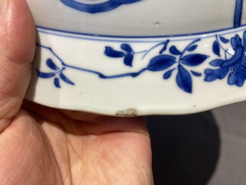 Three large deep Chinese blue and white 'hunting scene' dishes, Chenghua mark, Kangxi