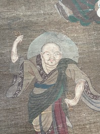 Chinese school: 'Buddha surrounded by Luohans', ink and colours on silk, 18th C.