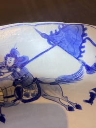 Three large deep Chinese blue and white 'hunting scene' dishes, Chenghua mark, Kangxi