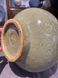 A Chinese Longquan celadon 'yuhuchunping' vase with floral design, Ming