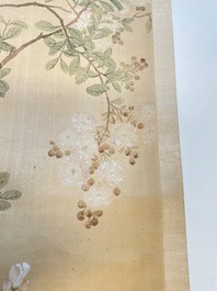 Yu Li 李钰( 1862-1922): Three scrolls with rocks and flowers, ink and colours on silk, dated 1906