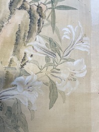 Yu Li 李钰( 1862-1922): Three scrolls with rocks and flowers, ink and colours on silk, dated 1906