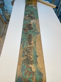 Xu Yang 徐揚 (1712-1777) et Wu Hufan 吳湖帆 (1894-1968): 'Paysage montagneux', dat&eacute; 1755, avec calligraphie post&eacute;rieure, encre et couleurs sur soie