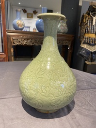 A Chinese Longquan celadon 'yuhuchunping' vase with floral design, Ming