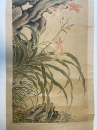 Yu Li 李钰( 1862-1922): Three scrolls with rocks and flowers, ink and colours on silk, dated 1906