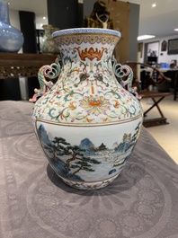 A Chinese famille rose 'hu' vase with fine landscapes, Qianlong mark, 19/20th C.