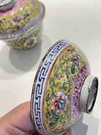 A pair of Chinese Canton enamel bowls and covers, Qianlong