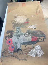 Chinese school: 'Two antiquities', ink and colours on silk, Qianlong seal mark, 19th C.