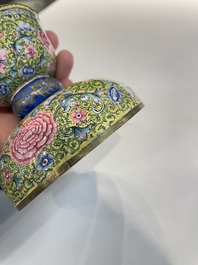 A rare Chinese yellow-ground Canton enamel spittoon, Qianlong