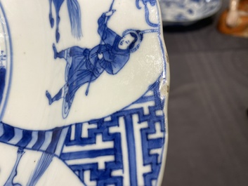 Three large deep Chinese blue and white 'hunting scene' dishes, Chenghua mark, Kangxi