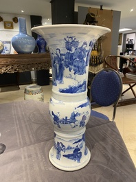 A Chinese blue and white 'gu' vase with figurative design, probably Kangxi