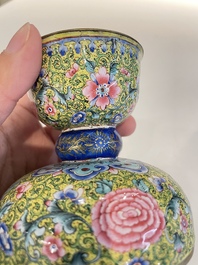 A rare Chinese yellow-ground Canton enamel spittoon, Qianlong