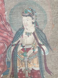 Chinese school: 'Buddha surrounded by Luohans', ink and colours on silk, 18th C.