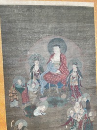Chinese school: 'Buddha surrounded by Luohans', ink and colours on silk, 18th C.