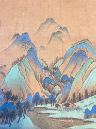 Ecole chinoise: 'Paysage montagneux', encre et couleurs sur soie, Qing
