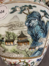 A Chinese famille rose 'hu' vase with fine landscapes, Qianlong mark, 19/20th C.