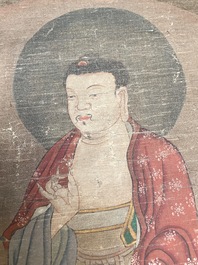 Chinese school: 'Buddha surrounded by Luohans', ink and colours on silk, 18th C.