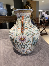 A Chinese famille rose 'hu' vase with fine landscapes, Qianlong mark, 19/20th C.