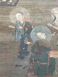 Chinese school: 'Buddha surrounded by Luohans', ink and colours on silk, 18th C.
