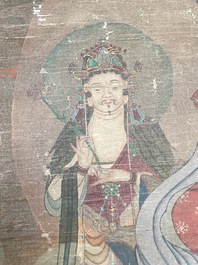 Chinese school: 'Buddha surrounded by Luohans', ink and colours on silk, 18th C.