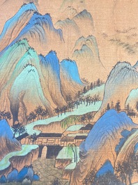 Ecole chinoise: 'Paysage montagneux', encre et couleurs sur soie, Qing