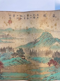 Xu Yang 徐揚 (1712-1777) et Wu Hufan 吳湖帆 (1894-1968): 'Paysage montagneux', dat&eacute; 1755, avec calligraphie post&eacute;rieure, encre et couleurs sur soie