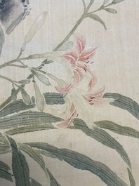 Yu Li 李钰( 1862-1922): Three scrolls with rocks and flowers, ink and colours on silk, dated 1906