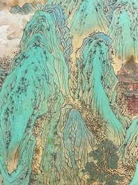 Xu Yang 徐揚 (1712-1777) et Wu Hufan 吳湖帆 (1894-1968): 'Paysage montagneux', dat&eacute; 1755, avec calligraphie post&eacute;rieure, encre et couleurs sur soie