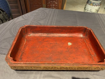 A Chinese rectangular huanghuali wooden box and cover with dragons, 17/18th C.