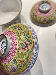 A pair of Chinese Canton enamel bowls and covers, Qianlong