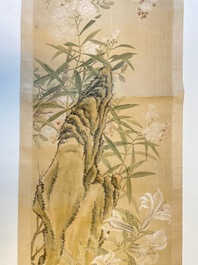 Yu Li 李钰( 1862-1922): Three scrolls with rocks and flowers, ink and colours on silk, dated 1906