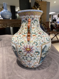 A Chinese famille rose 'hu' vase with fine landscapes, Qianlong mark, 19/20th C.