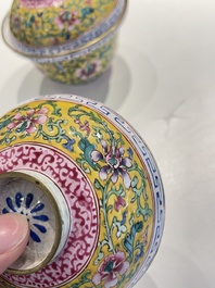 A pair of Chinese Canton enamel bowls and covers, Qianlong