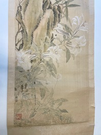 Yu Li 李钰( 1862-1922): Three scrolls with rocks and flowers, ink and colours on silk, dated 1906