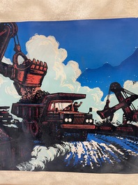 Chinese school uit de Culturele Revolutie: Zicht op het Daqing olieveld, litho opgehoogd met olieverf