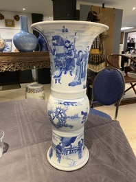 A Chinese blue and white 'gu' vase with figurative design, probably Kangxi
