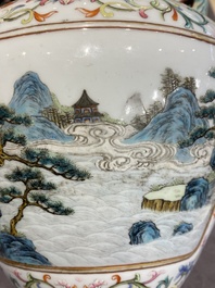 A Chinese famille rose 'hu' vase with fine landscapes, Qianlong mark, 19/20th C.
