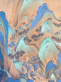 Ecole chinoise: 'Paysage montagneux', encre et couleurs sur soie, Qing