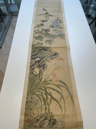 Yu Li 李钰( 1862-1922): Three scrolls with rocks and flowers, ink and colours on silk, dated 1906