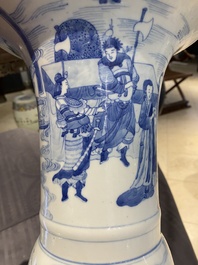 A Chinese blue and white 'gu' vase with figurative design, probably Kangxi