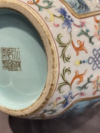 A Chinese famille rose 'hu' vase with fine landscapes, Qianlong mark, 19/20th C.