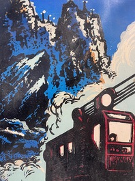 Chinese school uit de Culturele Revolutie: Zicht op het Daqing olieveld, litho opgehoogd met olieverf