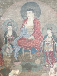 Chinese school: 'Buddha surrounded by Luohans', ink and colours on silk, 18th C.