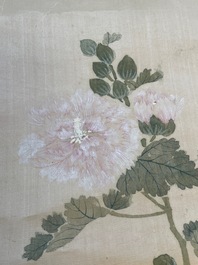 Yu Li 李钰( 1862-1922): Three scrolls with rocks and flowers, ink and colours on silk, dated 1906