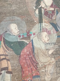 Chinese school: 'Buddha surrounded by Luohans', ink and colours on silk, 18th C.