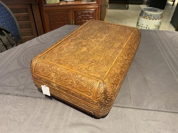 A Chinese rectangular huanghuali wooden box and cover with dragons, 17/18th C.